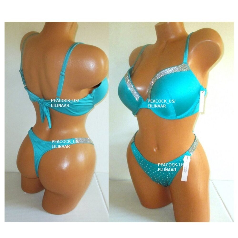 34DDD/M VICTORIA SECRET SWIM Shine Strap Push Up Top Bikini Set Thong Bottom